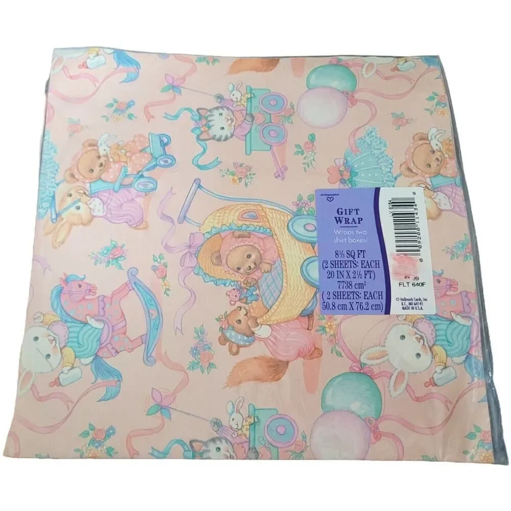 vintage hallmark Teddy Bear Bunny Rabbits ambassador pink 90s wrapping paper